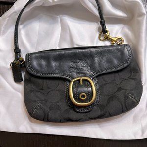 Coach Black Leather Wristlet With Gold Buckle, Mini Hang Tag